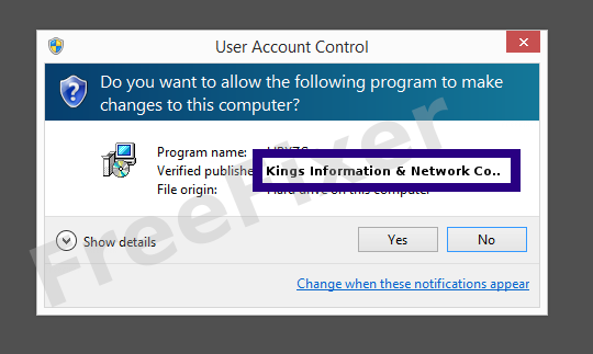 Screenshot where Kings Information & Network Co., Ltd. appears as the verified publisher in the UAC dialog